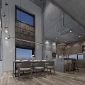 Modern Industrial Living Dining Room Interior With Wooden Wall Sofa And Hanging Light