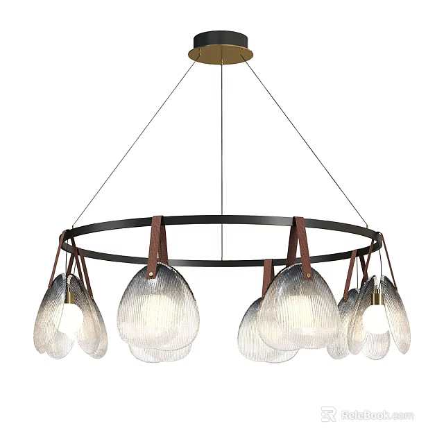Elegant Modern Round Frame Chandelier With Wooden Accents And Multiple Transparent Glass Shades 3d model 
