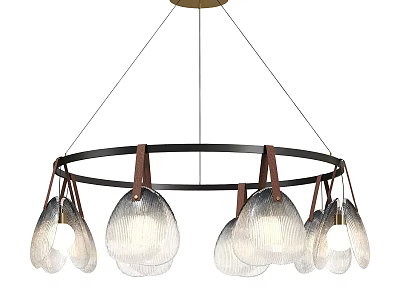 Elegant Modern Round Frame Chandelier With Wooden Accents And Multiple Transparent Glass Shades 3d model
