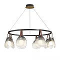 Elegant Modern Round Frame Chandelier With Wooden Accents And Multiple Transparent Glass Shades