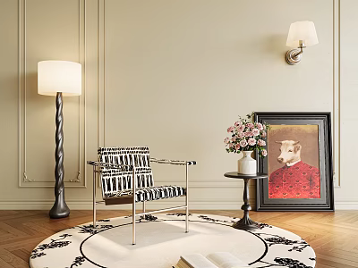Stylish Black And White Striped Lounge Chair With Floor Lamp Floral Vase And Round Rug 3d model