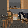 Stylish Cafe Interior Featuring Bar Counter Bar Stools Mosaic Floor Wooden Staircase And Pendant Lights