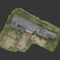 Cartoon Scene 3D Model Of Abandoned Multi Story Building With Gray Roof And Green Grassland