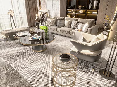Modern Luxury Sofa Coffee Table Set With Gray Upholstery Round Table Decorative Pillows And Accent Chair 3d model