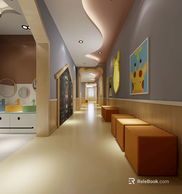 Child Friendly Elevator Hallway With Orange Benches Decorative Paintings And Curved Ceiling 3d model