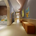 Child Friendly Elevator Hallway With Orange Benches Decorative Paintings And Curved Ceiling 3d model
