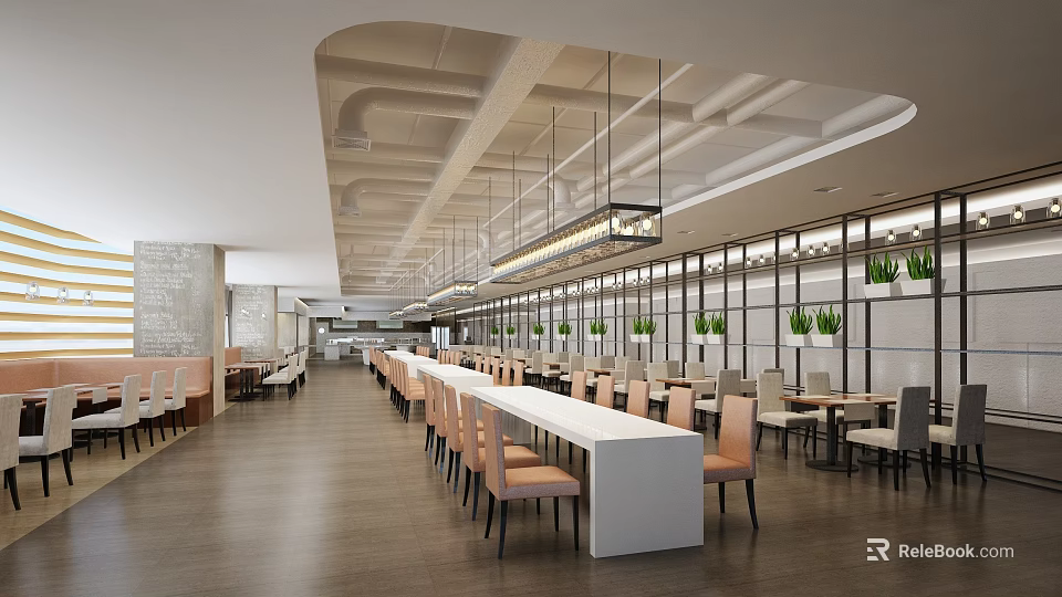 Modern Restaurant Interior Design With Long Dining Tables Green Plants And Hanging Lights 3d model 