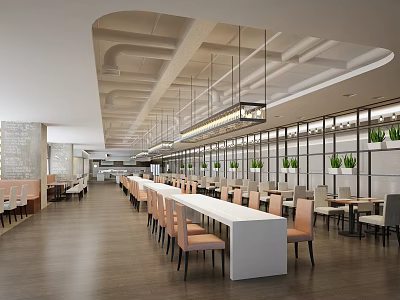 Modern Restaurant Interior Design With Long Dining Tables Green Plants And Hanging Lights 3d model