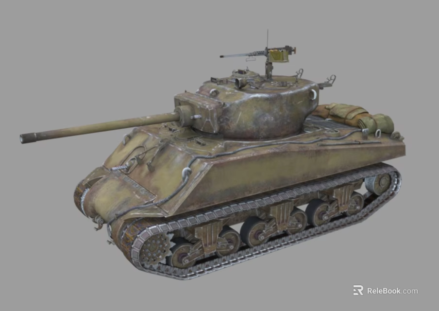 Vintage Military Tank With Long Cannon Turret Tracks Machine Gun And Rustic Olive Finish 3d model 