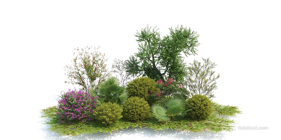 Various Types of Garden Shrubs with Green Foliage and Purple Flowers 3d model 
