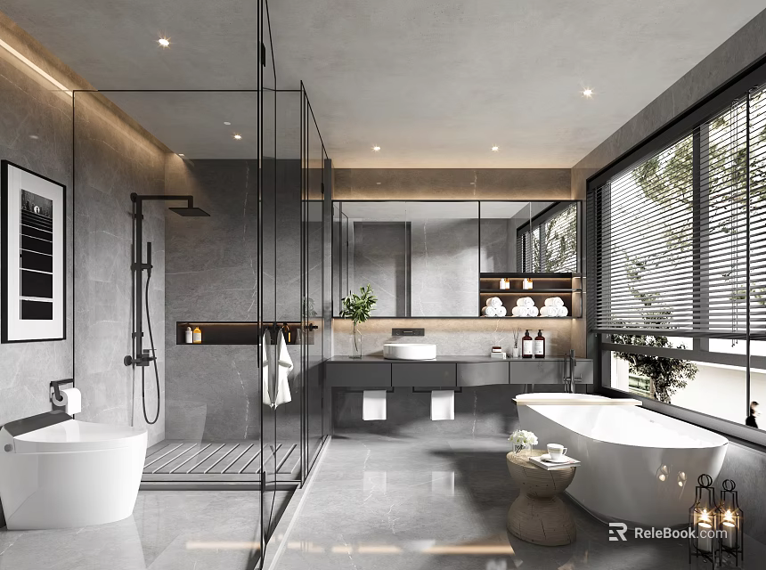 Modern Bathroom Interior Design With Glass Shower Enclosure Freestanding Bathtub And Marble Vanity 3d model 