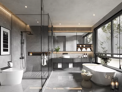 Modern Bathroom Interior Design With Glass Shower Enclosure Freestanding Bathtub And Marble Vanity 3d model