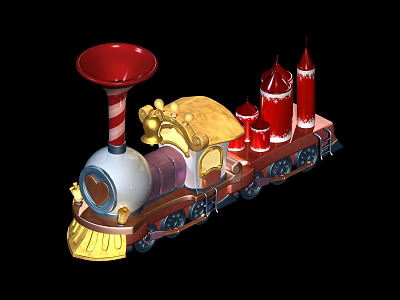 Colorful Toy Train With Red Chimneys Golden Roof And Decorative Carriage 3d model