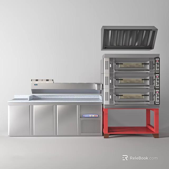 Stainless Steel Commercial Kitchen Equipment With Multi Layer Oven And Workbench On Red Stand 3d model 