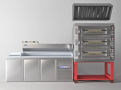 Stainless Steel Commercial Kitchen Equipment With Multi Layer Oven And Workbench On Red Stand 3d model