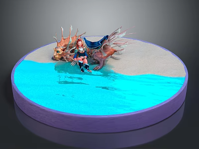 Game Movie Character Riding On Winged Dragon In Water And Sand Area On Circular Platform 3d model