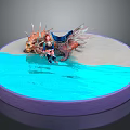 Game Movie Character Riding On Winged Dragon In Water And Sand Area On Circular Platform