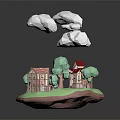 Fairy Tale Style Architecture Miniature Scene With Green Trees White Clouds And Small Houses