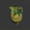 Hand Carved Ancient Pottery Jug With Green Yellow Glaze Floral Patterns Bird Head Spout Handle Design