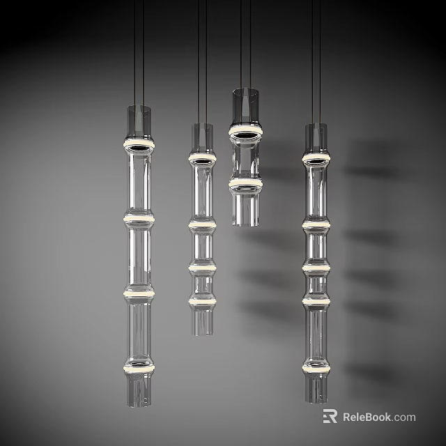 Transparent Glass Cylindrical Pendant Lights With White Ring Decorations Hanging Against Gray Background 3d model 