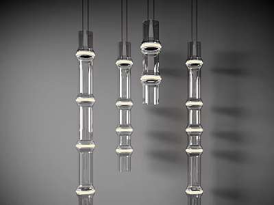 Transparent Glass Cylindrical Pendant Lights With White Ring Decorations Hanging Against Gray Background 3d model