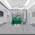 Operating Room Interior With Surgical Table Green Drape Lights And Medical Equipment