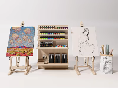 Art Supplies Display With Easels Canvas Colorful Painting Sketch And Paint Rack 3d model