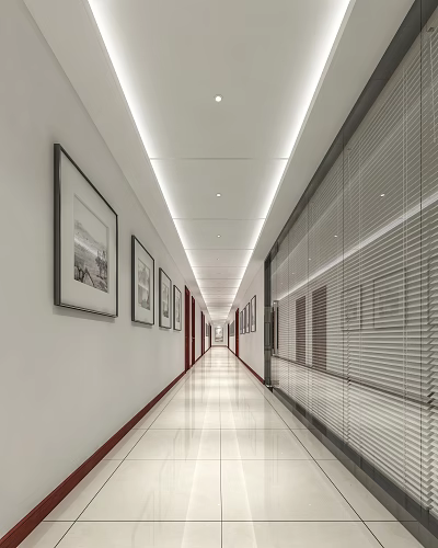 Modern Office Corridor Featuring White Walls Framed Paintings Ceiling Light Strips Sleek Floors Glass Partitions 3d model