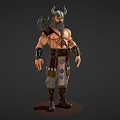 Viking Man With Horned Helmet Holding Axe Shirtless With Tattoos Wearing Leather Skirt And Boots