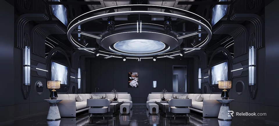 Hi Tech Futuristic KTV Interior With Circular Lighting And Sofas 3d model