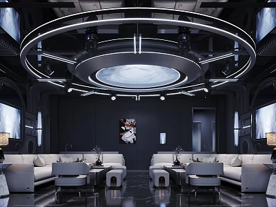 Hi Tech Futuristic KTV Interior With Circular Lighting And Sofas 3d model