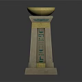 Egyptian Style Stone Pillar With Golden Bowl Top And Intricate Hieroglyphic Decorations