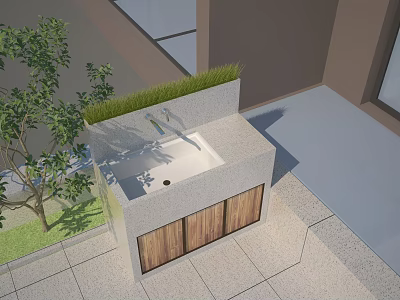 Outdoor washbasin with stone countertop faucet and wooden cabinet near green plants on tiled floor 3d model