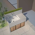 Outdoor washbasin with stone countertop faucet and wooden cabinet near green plants on tiled floor