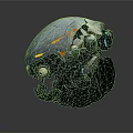 Sci Fi Mechanical Robot Drone With Blue Gray Damaged Exterior And Glowing Lights