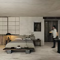 Modern Minimalist Bedroom Interior With Concrete Walls Wooden Furniture And Natural Light