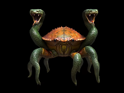 Mythical Two Headed Snake Crab Creature With Orange Shell And Green Bodies 3d model