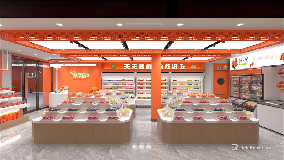 Fresh Fruit Store Interior Design With Display Counters Shelves And Bright Lighting 3d model 