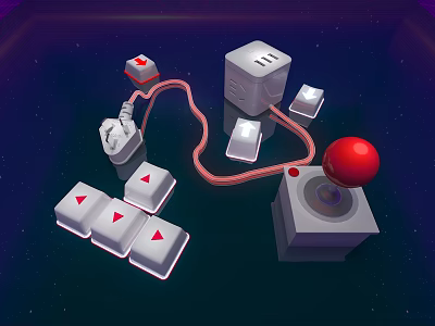 Tech Components Featuring Red Sphere White Cubes Arrow Buttons And Wires 3d model