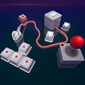 Tech Components Featuring Red Sphere White Cubes Arrow Buttons And Wires 3d model