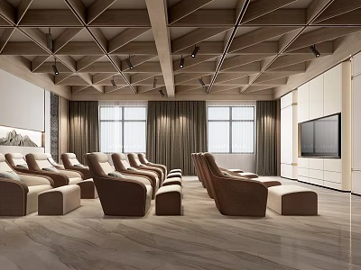 Home Theater Room Interior With Comfortable Recliner Seats Large Screen TV And Ceiling Design 3d model