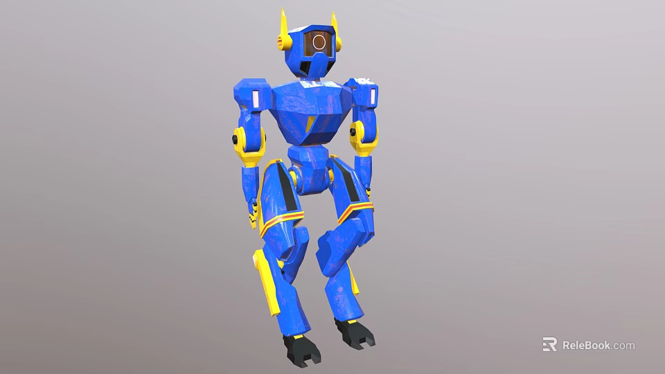 Blue And Yellow Mechanical Robot Character With Futuristic Design Standing Pose 3d model 