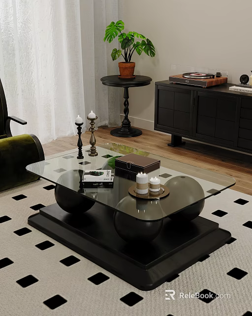 Modern Sofa Coffee Table Set With Glass Top Black Base And Decorative Candles Books 3d model 