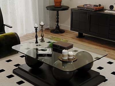 Modern Sofa Coffee Table Set With Glass Top Black Base And Decorative Candles Books 3d model