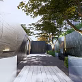 Modern Garden Landscape With Stone Pathway Water Pool Greenery And Building Reflections