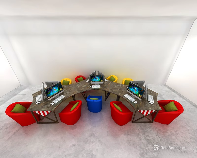 Round Office Desk with Red and Yellow Chairs Laptops and Blue Trash Bin 3d model 