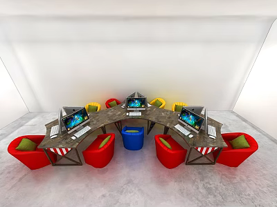 Round Office Desk with Red and Yellow Chairs Laptops and Blue Trash Bin 3d model