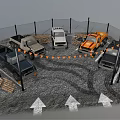 Toy Vehicles in Fenced Area with Gravel Ground Caution Tape and Arrow Signs