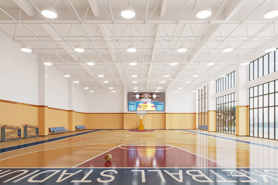 Spacious Indoor Basketball Gym With Wooden Floor Ceiling Lights Large Screen And Glass Windows 3d model 