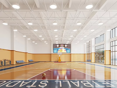 Spacious Indoor Basketball Gym With Wooden Floor Ceiling Lights Large Screen And Glass Windows 3d model